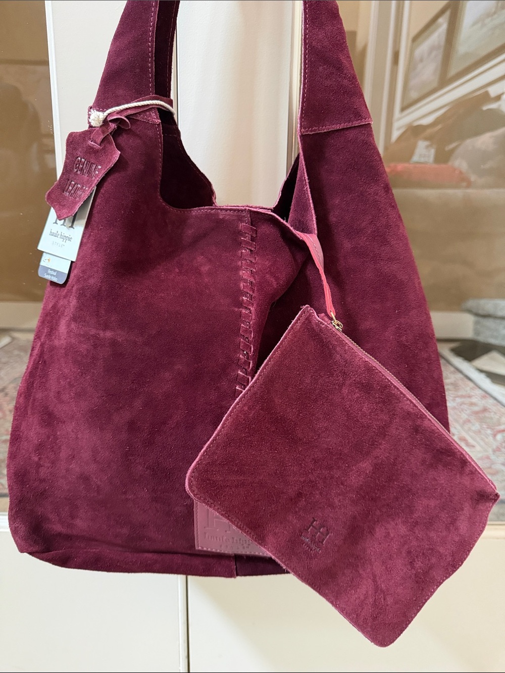 Haute Hippie Women’s Festival Genuine Suede Slouchy Hobo Bag – Rich Burgundy - Picture 5 of 8